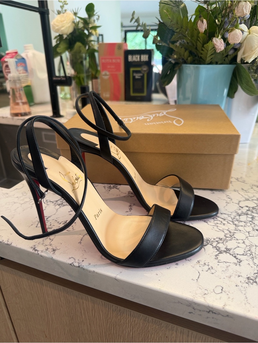 Christian Louboutin Black Leather Ankle-Strap Stiletto Sandals with Red Soles